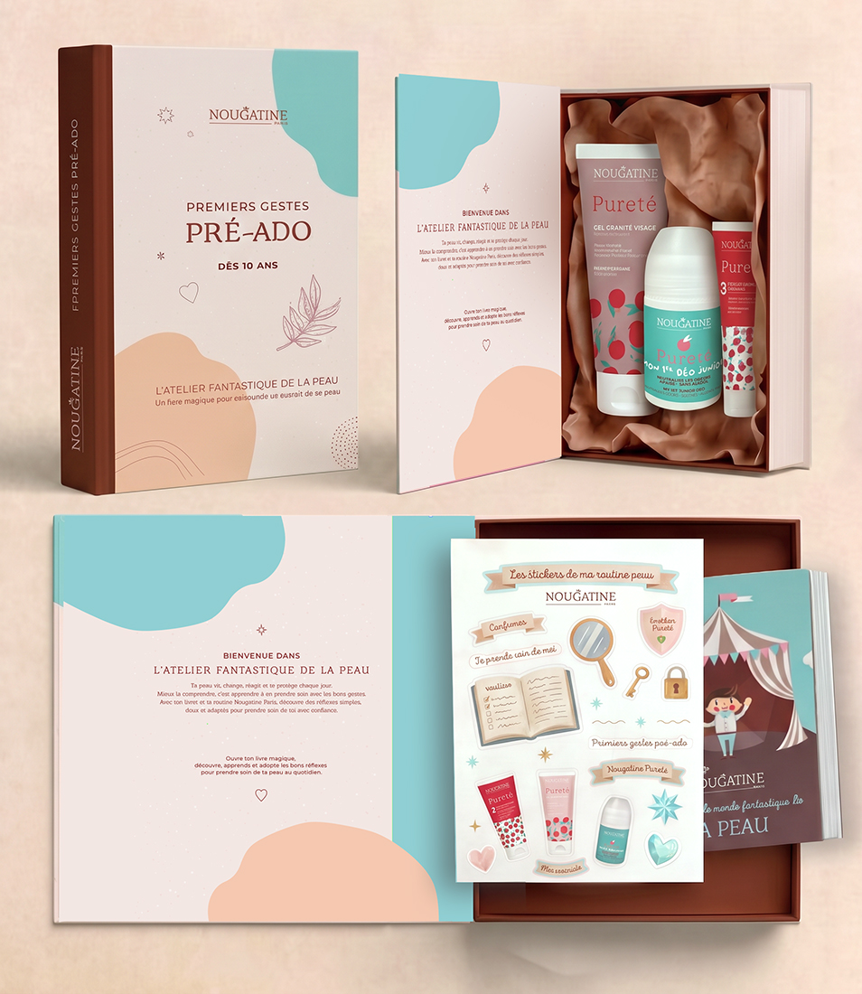 Coffret-Livre Premiers Gestes Pré-Ado Nougatine Paris avec trois soins, un livret et une planche de stickers