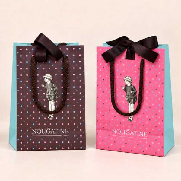 Sac cadeau Nougatine Paris rose et marron avec nœud
